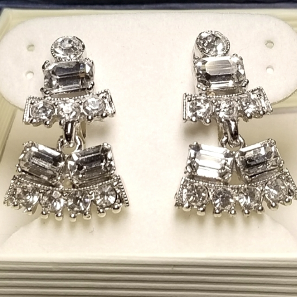 Vintage Bogoff Art Deco Clear Rhinestone Geometric Dangle "Wedding" Earrings